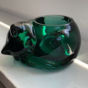 Vintage glass votive sleeping cat kitten emerald green candle holder